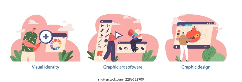 Graphic Design Creative Profession Concept with Tiny Male and Female Designer Characters Drawing on Huge Computer