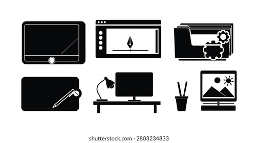 Graphic design creative tools and digital workspace flat icon set Modern vector illustration of essential elements for designers and artists