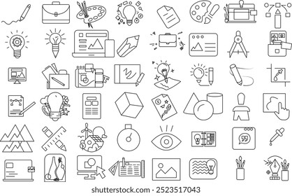 Graphic Design and Creativity icon set for logo and T-Shirt. Thin line art editable stroke.