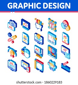 Graphic Design And Creativity Icons Set Vector. Isometric Photo Camera And Tablet For Design, Computer Application For Drawing And Painting Illustrations