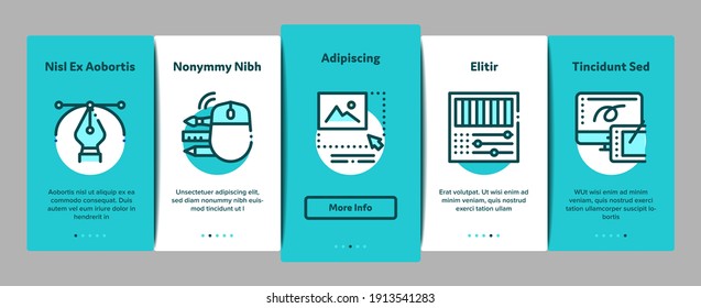Graphic Design And Creativity Onboarding Mobile App Page Screen Vector. Photo Camera And Tablet For Design, Computer Application For Drawing And Painting Illustrations
