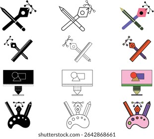 graphic design and creativity outline icons set. includes icons of tools, brush tool, pen tool, editing, layout, color, and digital design elements. vector illustrations. pixel perfect
