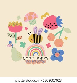 graphic design with cute bee, strawberry, cherry, pear and flowers drawing as vector for baby fashion print