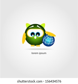 Graphic design - cute owl traveler with world map under the wing