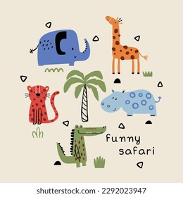 graphic design with cute safari animals drawing as vector for tee print