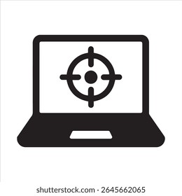 Um design gráfico que representa um laptop com um destino sobreposto na tela. 