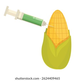 Graphic design depicting a syringe injecting a corn cob, symbolizing genetic modification