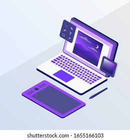 graphic design or designer concept with laptop and sketching pen tablet tools with isometric style