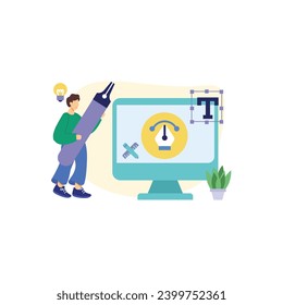 Ilustraciones del concepto de diseño gráfico y desarrollo. ilustraciones vectoriales en diversas actividades de diseño y desarrollo gráfico y web, medios sociales, proceso creativo, desarrollo de aplicaciones.