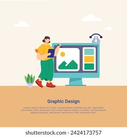 Graphic Design and development concept illustrations. vector illustrations in various activities of graphic and web design and development, social media, creative process, app development.