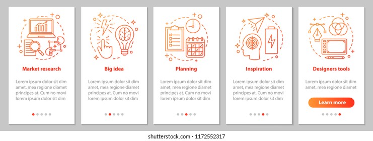 Graphic design development onboarding mobile app page screen with linear concepts. Planning, inspiration, market research, big idea, tools steps instructions. UX, UI, GUI vector illustrations
