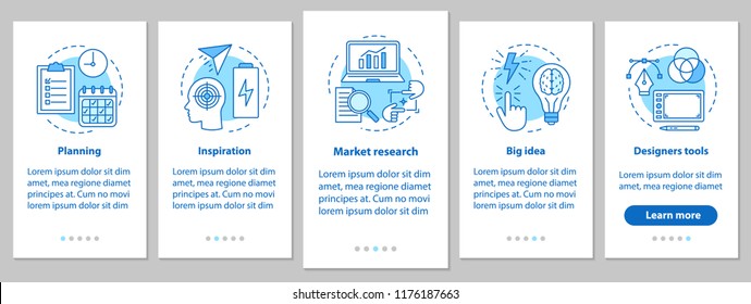 Graphic design development onboarding mobile app page screen with linear concepts. Planning, inspiration, market research, big idea, tools steps instructions. UX, UI, GUI vector illustrations