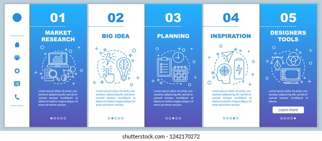 Graphic design development onboarding mobile web pages vector template. Planning, inspiration, market research, big idea, tools. Responsive smartphone website interface. Webpage walkthrough screens