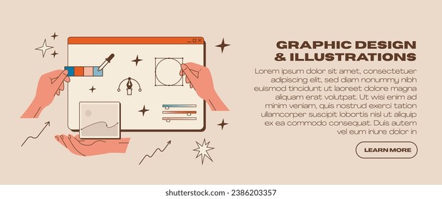 Graphic design and digital illustrations web banner template. Team of illustrators and designers working on project. Computer program interface for drawing. Professional software. Vector illustration.