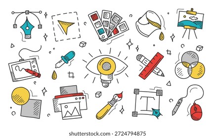 Vector de conjunto de iconos de doodle de Diseño gráfico aislado. Colección de iconos dibujados a mano. Suministros de diseño, tableta gráfica y pluma, pipeta y pincel. Ocupación creativa, Elementos de trabajo.