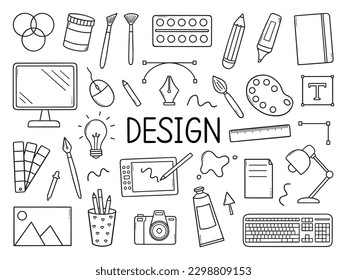 Graphic design doodle set. Designer work items and tools  sketch style. Hand drawn vector illustration isolated on white background