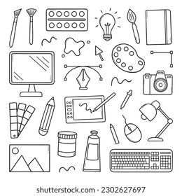 Graphic design doodle set. Designer work items and tools In sketch style. Hand drawn vector illustration isolated on white background