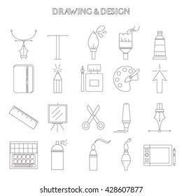 Graphic design and drawing icons in modern thin line style
