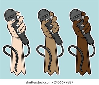 Graphic design drawing stylized singer hand using microphone logo. Karaoke people sings the song to microphone. Stand up comedian holding microphone in his hand. Cartoon style vector illustration