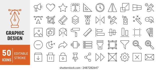 Graphic Design editable stroke outline Icons set. Graphic design, digital, web design, creative ideas, painting, portfolio and tools. Vector illustration