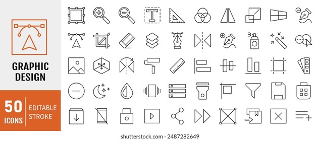 Graphic Design editable stroke outline Icons set. Graphic design, digital, web design, creative ideas, painting, portfolio and tools. Vector illustration