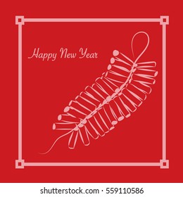 graphic design editable for your design, hand drawn symbolic fruit and fireworks with Asia style frame on red. Vector Illustration. Happy Chinese New Year.