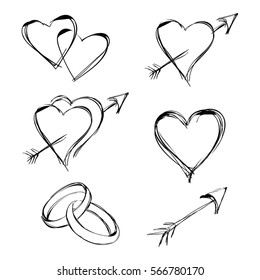 graphic design editable for your design, hand drawn heart set, heart with arrow, rings in black outline isolated on white background. Vector Illustration. 