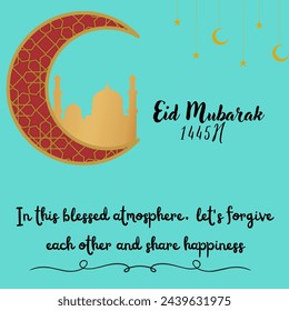 Diseño gráfico para felicitaciones de Eid, fondo verde con escritura y ornamentos islámicos de la fiesta. Para banners, pósters y tarjetas de felicitación