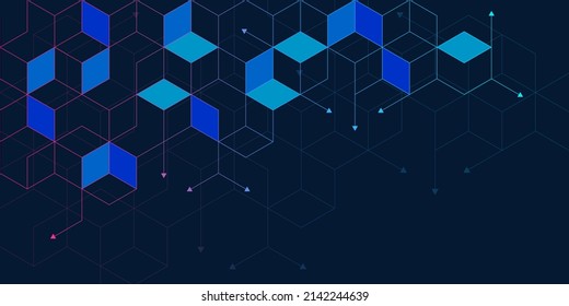 The graphic design element and abstract geometric background with isometric digital blocks. Blockchain concept and modern technology