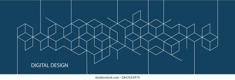 The graphic design element and abstract geometric background with isometric vector blocks for banner template or header. White figures on a blue background
