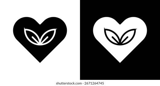 Graphic design element featuring a heart shape containing two stylized leaves. Available in black and white versions.