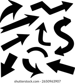 Un elemento de Diseño gráfico con una variedad de flechas negras con diferentes Formas, curvas y ángulos sobre un fondo blanco.