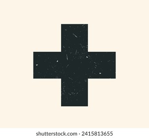 Elemento de diseño gráfico. La forma de una cruz con una textura rota de arañazos y abrasiones en un estilo grunge. Sello de cruz aislado. Ilustración vectorial en blanco y negro con un motivo de póster minimalista.