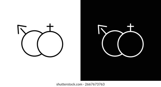 Elemento de design gráfico mostrando símbolos de gênero masculino e feminino combinados. Ícone de arte de linha simples, isolado em fundos brancos e pretos.