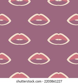 Elementos de diseño gráfico. Estética de los años setenta. Patrón hippie sin fisuras. Impresión simple con labios de moda femeninos 