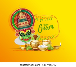 Graphic design elements for Indian festival of Onam. vector illustration. Kathakali face with large jeweled crown. special offers, sales to large holiday discounts. vector festival onam celebration