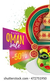 graphic design elements for Indian festival of Onam. vector illustration. Kathakali face 
with large jeweled crown. special offers, sales to large holiday discounts. vector festival  onam celebration