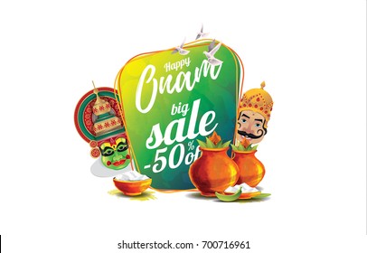 Graphic design elements for Indian festival of Onam. vector illustration. Kathakali face with large jeweled crown. special offers, sales to large holiday discounts. vector festival onam celebration