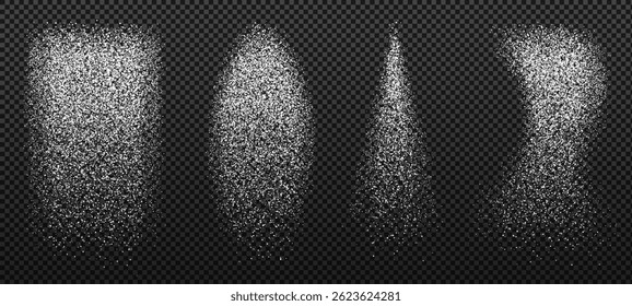 Elementos de design gráfico para cozinha, padaria, publicidade, vídeo. Explosão de açúcar em pó, queda de farinha, sal em pó caindo suavemente, neve voando. Planos de fundo vetoriais de cozinha ou inverno. Pontos brancos.