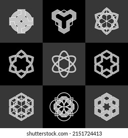 Graphic design elements for logo creation, intertwined lines vintage style icons collection, abstract geometric linear symbols vector set.