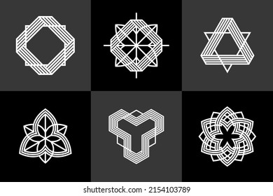 Graphic design elements for logo creation, intertwined lines vintage style icons collection, abstract geometric linear symbols vector set.