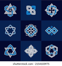Graphic design elements for logo creation, intertwined lines vintage style icons collection, abstract geometric linear symbols vector set.