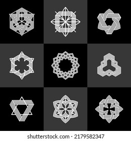Graphic design elements for logo creation, intertwined lines vintage style icons collection, abstract geometric linear symbols vector set.