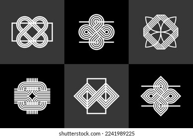 Graphic design elements for logo creation, intertwined lines vintage style icons collection, abstract geometric linear symbols vector set.