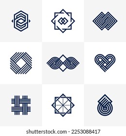 Graphic design elements for logo creation, intertwined lines vintage style icons collection, abstract geometric linear symbols vector set.