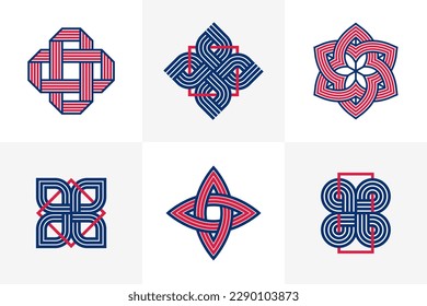 Graphic design elements for logo creation, intertwined lines vintage style icons collection, abstract geometric linear symbols vector set.
