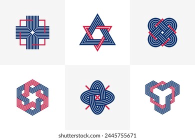 Graphic design elements for logo creation, intertwined lines vintage style icons collection, abstract geometric linear symbols vector set.