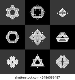Graphic design elements for logo creation, intertwined lines vintage style icons collection, abstract geometric linear symbols vector set.