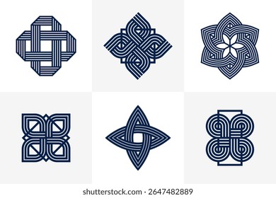 Graphic design elements for logo creation, intertwined lines vintage style icons collection, abstract geometric linear symbols vector set.