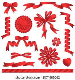 Graphic design elements of red colors, ribbons, bows, banners, award, heart, flower